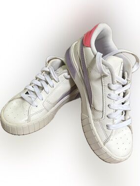 Puma Kids White Sneakers with Lavender Stripe and Pink Heel Accent